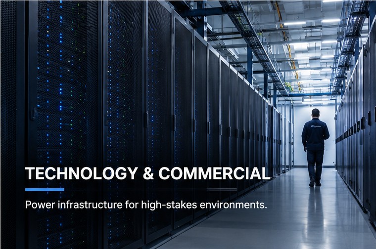 Technician walking a data center aisle lined with server cabinets