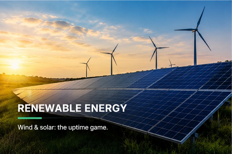 Solar array and wind turbines at sunrise