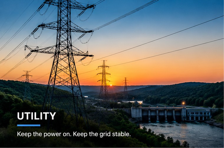 High-voltage transmission towers at sunset beside a hydroelectric dam