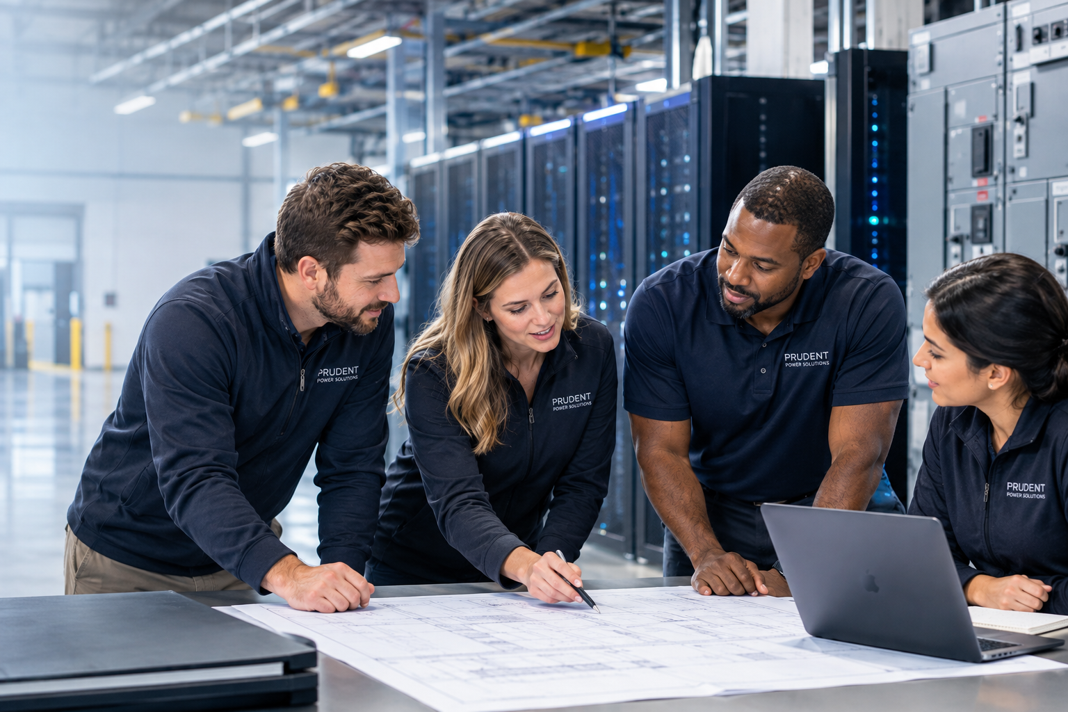Prudent Power Solutions team reviewing electrical plans in a data center