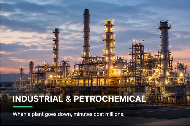Petrochemical processing plant illuminated at dusk