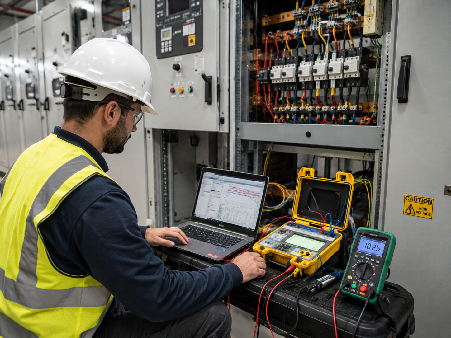 Field engineer performing electrical testing and commissioning on switchgear with laptop and multimeter